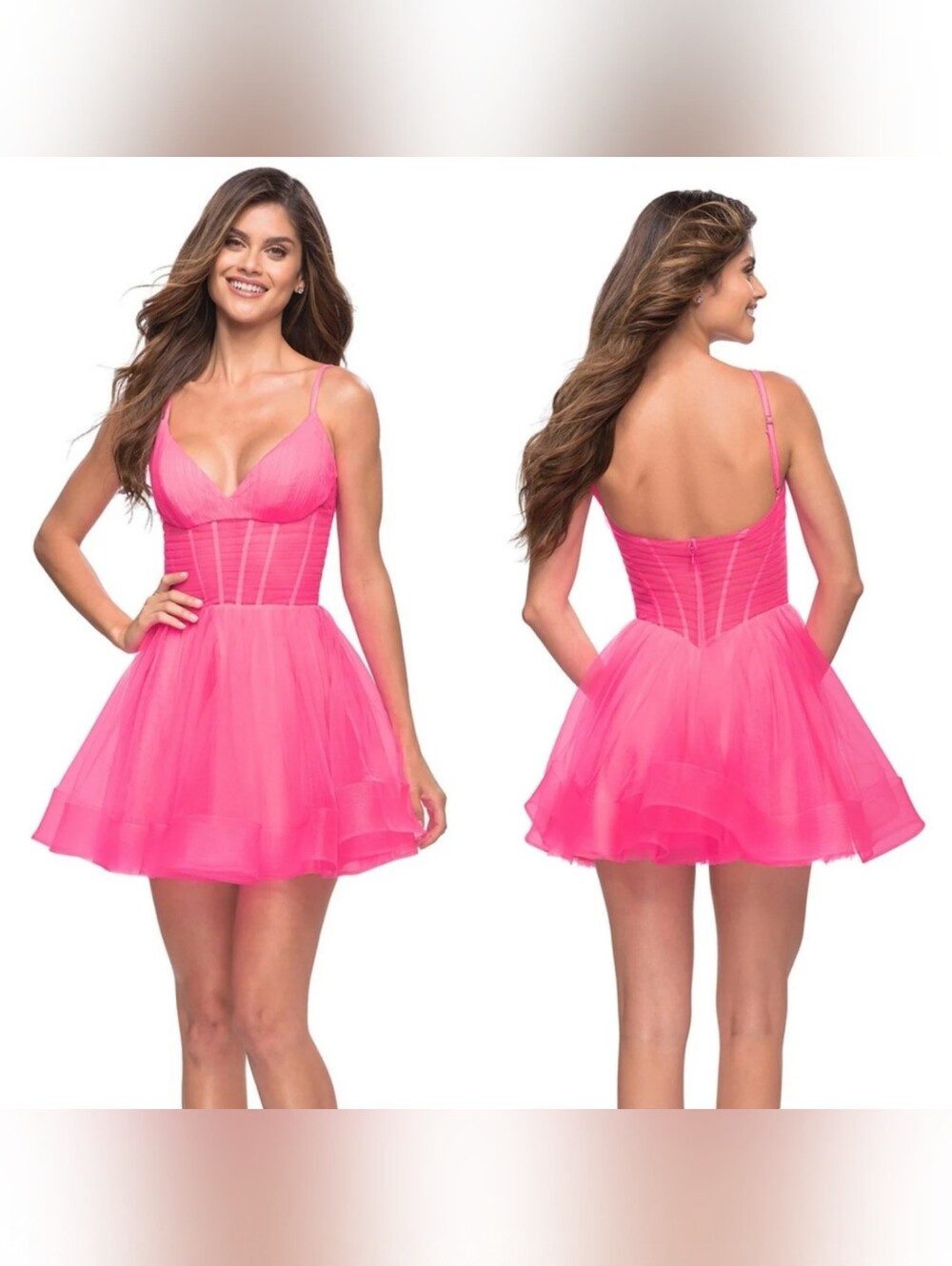 La Femme | Neon Pink Tulle Corset Mini Dress